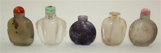 Five Chinese quartz snuff bottles, late 19th / 20th century, 5.3cm - 6.3cm